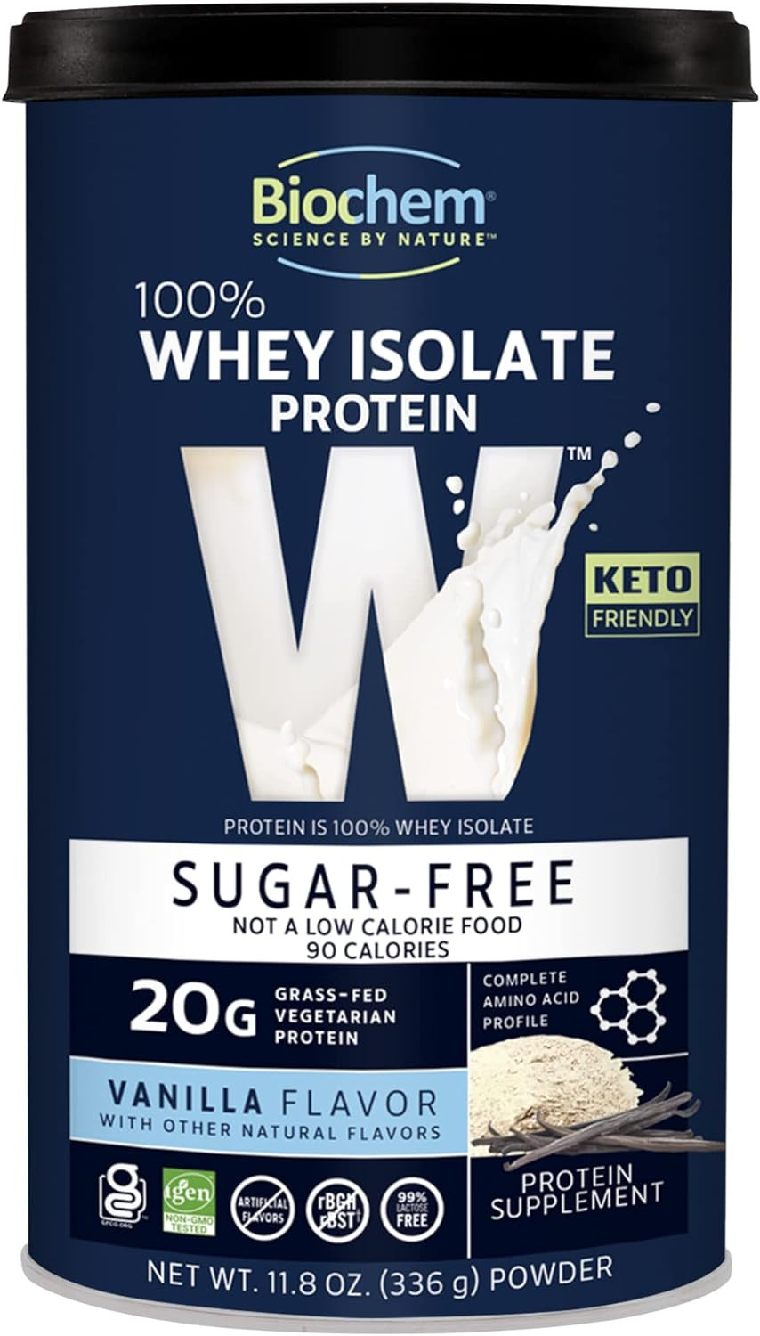 Biochem 100% Whey Sugar-Free Vanilla 20G, 11.8Oz, Certified Vegetarian, Certified Gluten Free, Certified Non-Gmo Tested, Keto Friendly, Grass-Fed