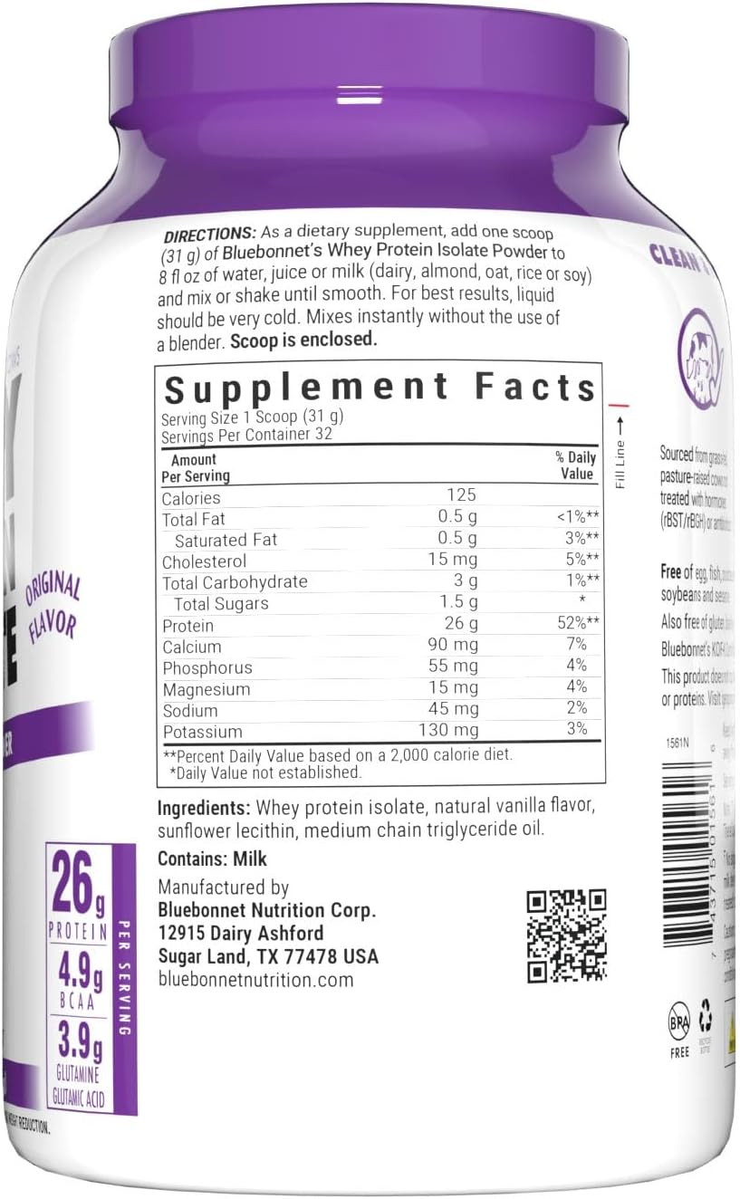 Bluebonnet Nutrition Whey Protein Isolate Powder From Grass Fed Cows, 26G Of Protein, No Sugar Added, Gluten & Soy Free, Kosher Dairy, 2 Lbs, 28 Servings, French Vanilla Flavor