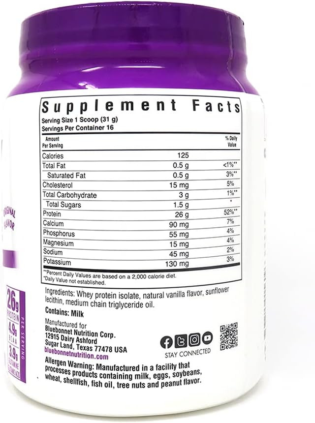 Bluebonnet Nutrition Whey Protein Isolate Powder From Grass Fed Cows, No Sugar Added, Gluten & Soy Free, Kosher Dairy, 17.6 Oz