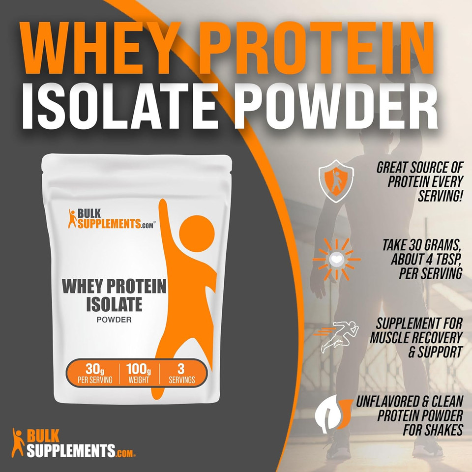 Bulksupplements.Com Whey Protein Isolate Powder - Unflavored Protein Powder, Flavorless Protein Powder, Whey Isolate Protein Powder - Gluten Free, 30G Per Serving, 3 Servings, 100G (3.5 Oz)3.52 Ounce (Pack Of 1)