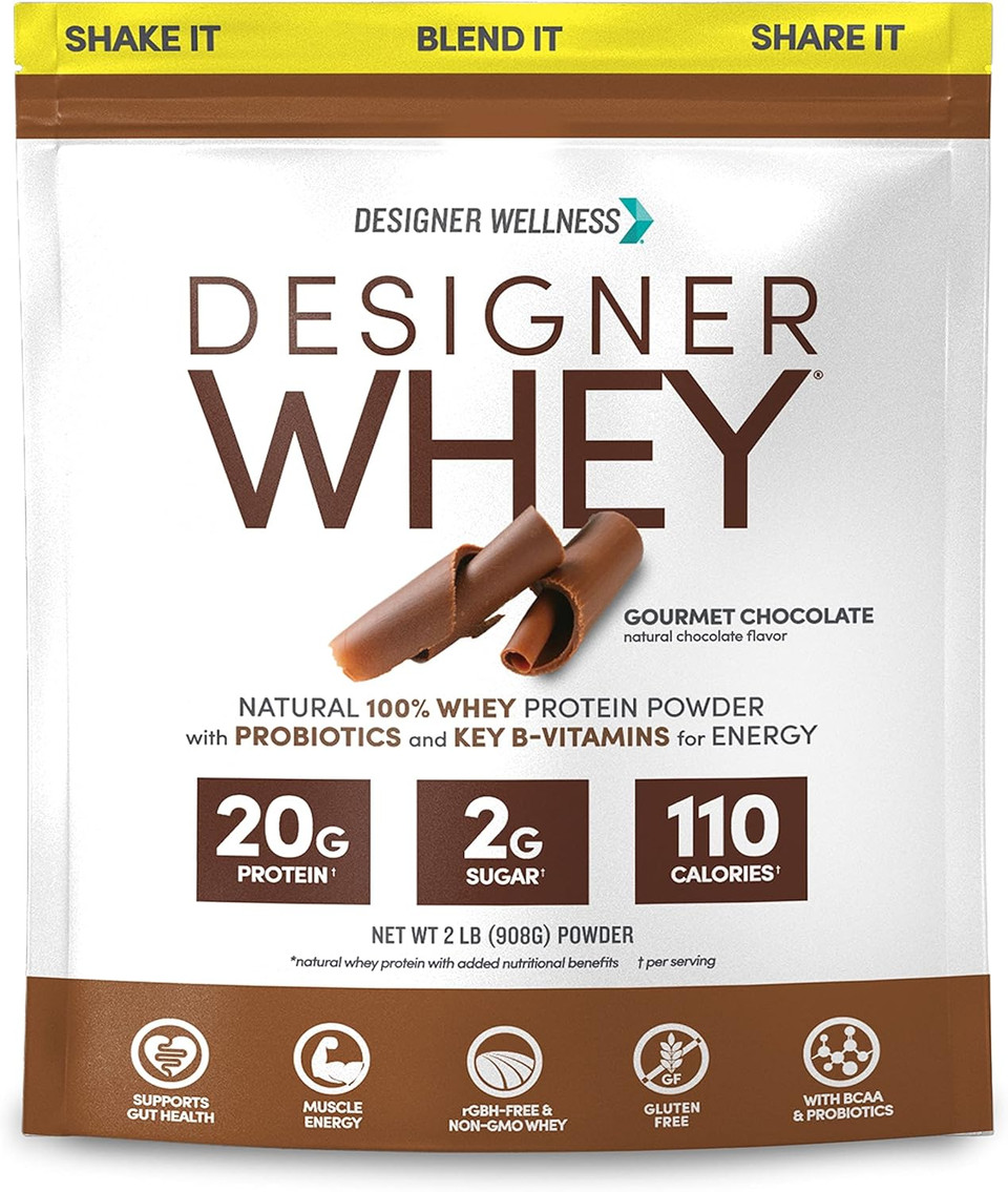 Designer Wellness, Designer Whey, Natural Protein Powder With Probiotics, Fiber, And Key B-Vitamins For Energy, Gluten-Free, Gourmet Chocolate, 2 Lb