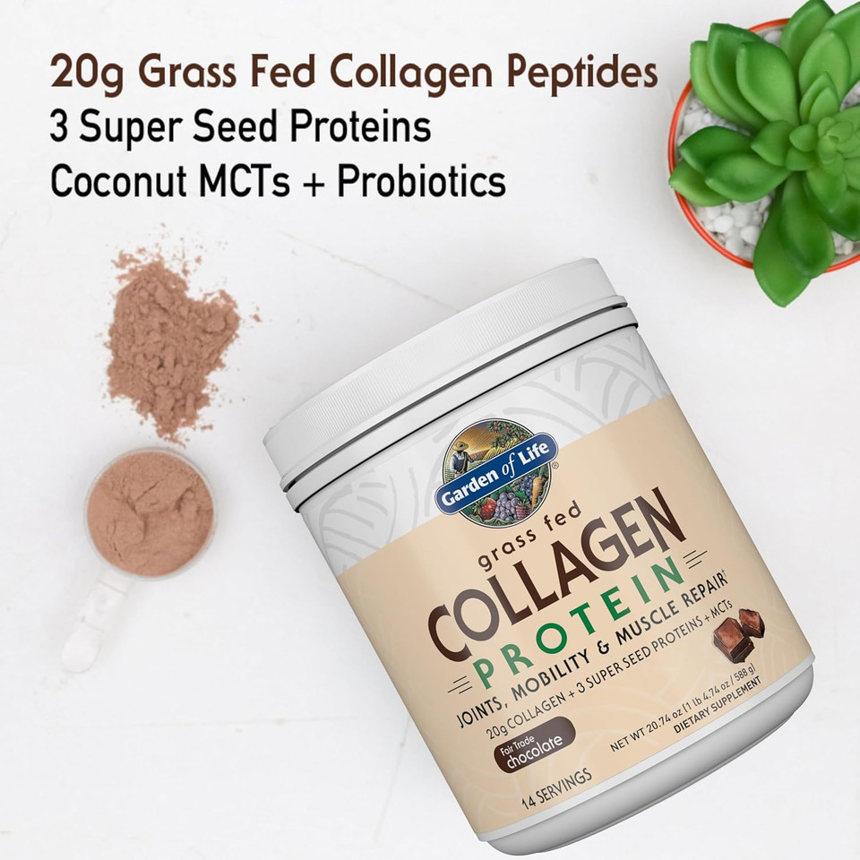 Garden Of Life Grass Fed Collagen Protein Powder - Chocolate, 14 Servings, Collagen Powder For Joints Mobility Muscle Repair, Collagen Peptides Super Seeds Coconut Mcts, Keto Collagen Supplements