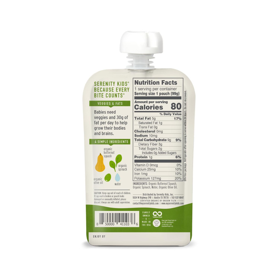 Serenity Kids 6+ Months Usda Organic Veggie Puree Baby Food Pouches | No Sugary Fruits Or Added Sugar | Allergen Free | 3.5 Ounce Bpa-Free Pouch | Butternut Squash & Spinach | 12 Count