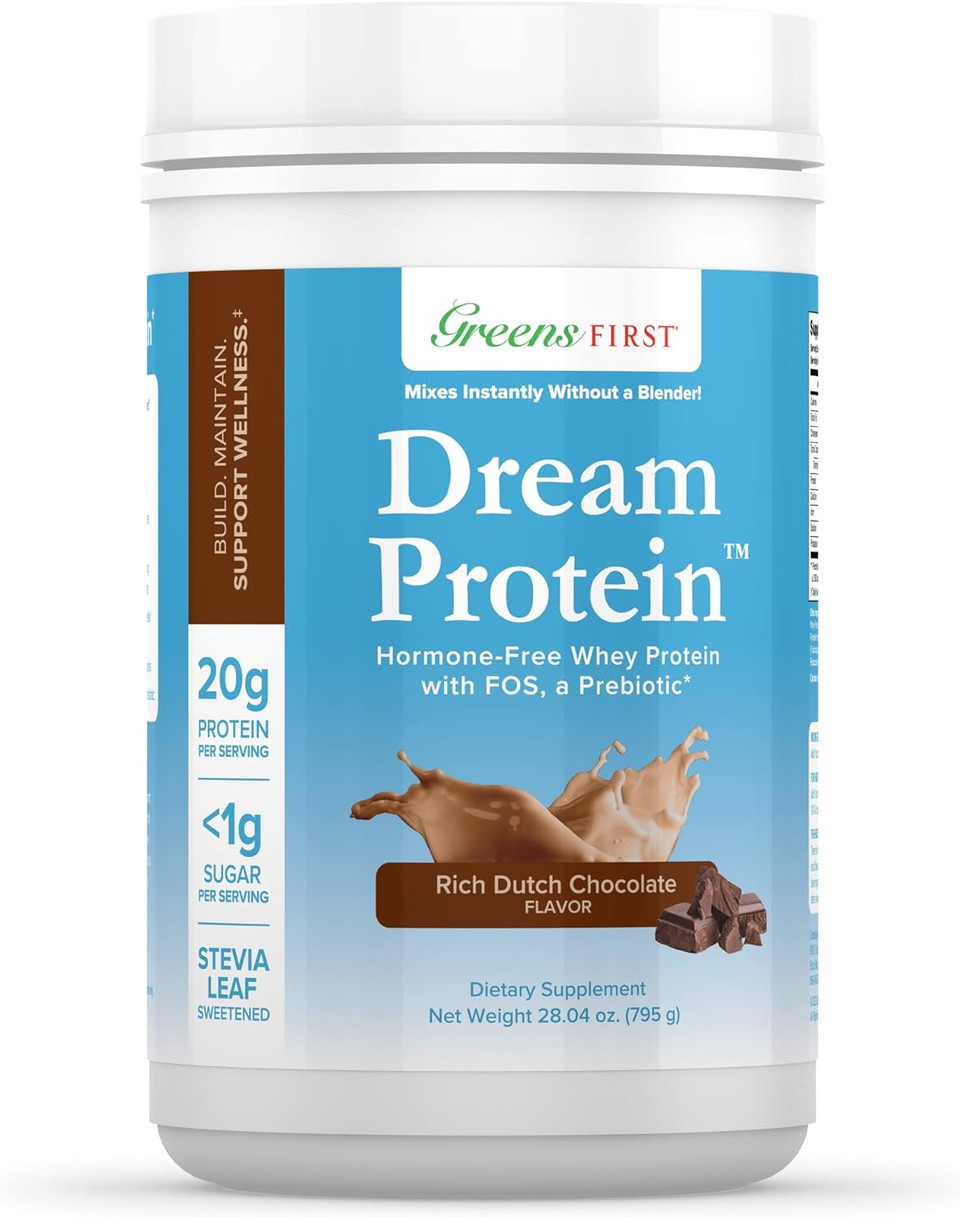 Greens First Dream Whey Protein Powder, Rich Dutch Chocolate, 30 Servings  20 G Protein  Low Carb Powder  Hormone-Free, Non-Gmo, No Artificial Sweeteners/Msg/Aspartame, 28.04 Oz