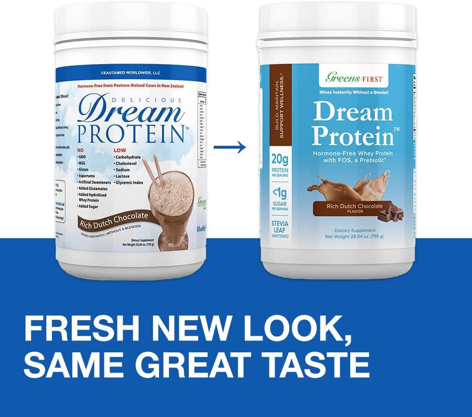Greens First Dream Whey Protein Powder, Rich Dutch Chocolate, 30 Servings  20 G Protein  Low Carb Powder  Hormone-Free, Non-Gmo, No Artificial Sweeteners/Msg/Aspartame, 28.04 Oz