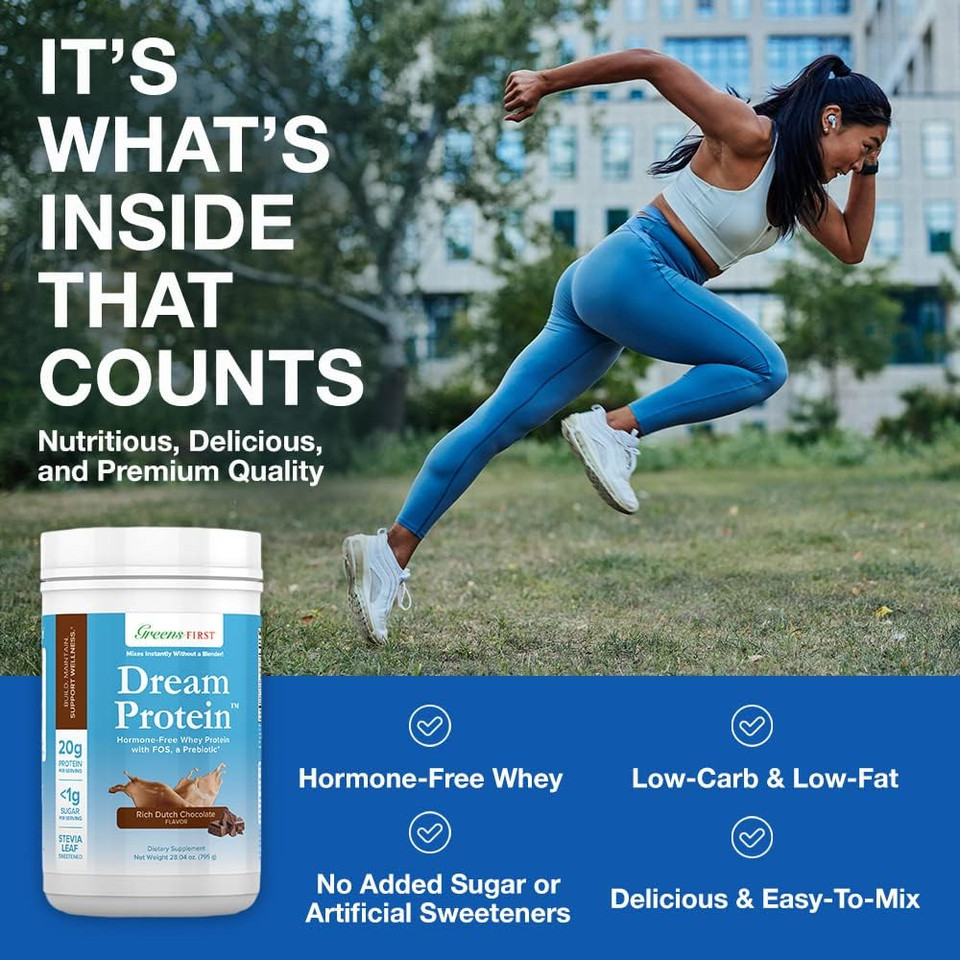 Greens First Dream Whey Protein Powder, Rich Dutch Chocolate, 30 Servings  20 G Protein  Low Carb Powder  Hormone-Free, Non-Gmo, No Artificial Sweeteners/Msg/Aspartame, 28.04 Oz