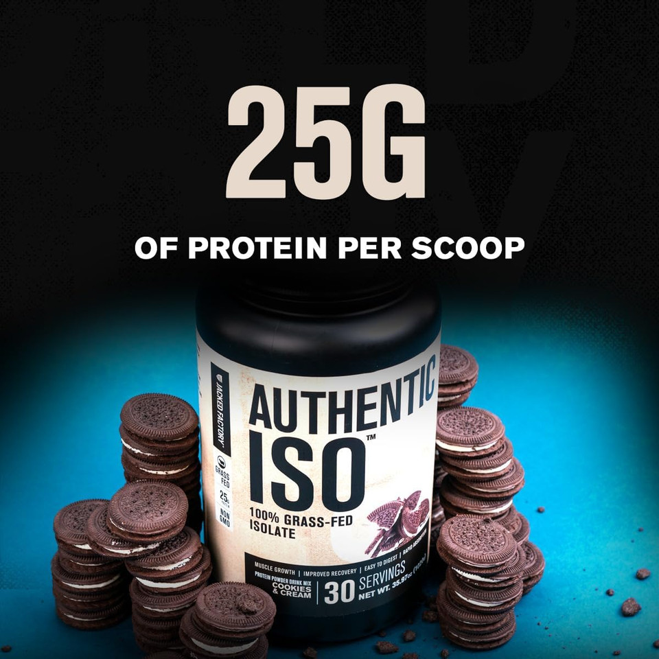 Jacked Factory Authentic Iso Grass Fed Whey Protein Isolate Powder - Low Carb, Non-Gmo Muscle Building Protein W/No Fillers, Post Workout Recovery, Cookies & Cream