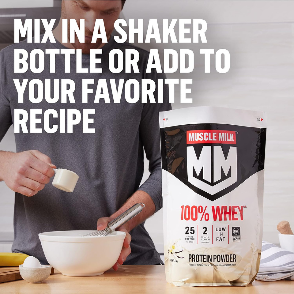 Muscle Milk 100% Whey Protein Powder, Chocolate, 5 Pound, 66 Servings, 25G Protein, 2G Sugar, Low In Fat, Nsf Certified For Sport, Energizing Snack, Workout Recovery, Packaging May Vary