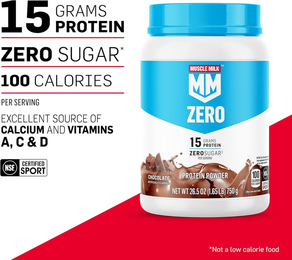 Muscle Milk Zero, 100 Calorie Protein Powder, Chocolate, 15G Protein, 1.65 Pound, 25 Servings