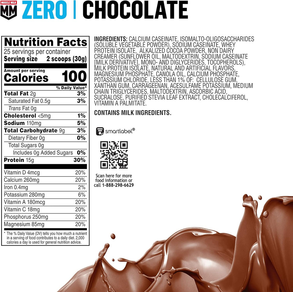 Muscle Milk Zero, 100 Calorie Protein Powder, Chocolate, 15G Protein, 1.65 Pound, 25 Servings