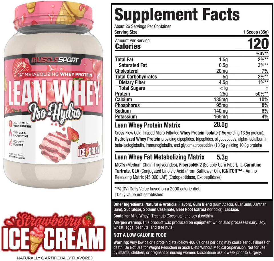 Musclesport Lean Whey Revolutionã¢Â Protein Powder - Whey Protein Isolate - Low Calorie, Low Carb, Low Fat, Incredible Flavors - 25G Protein Per Scoop (2Lb, Strawberry)2 Pound (Pack Of 1)