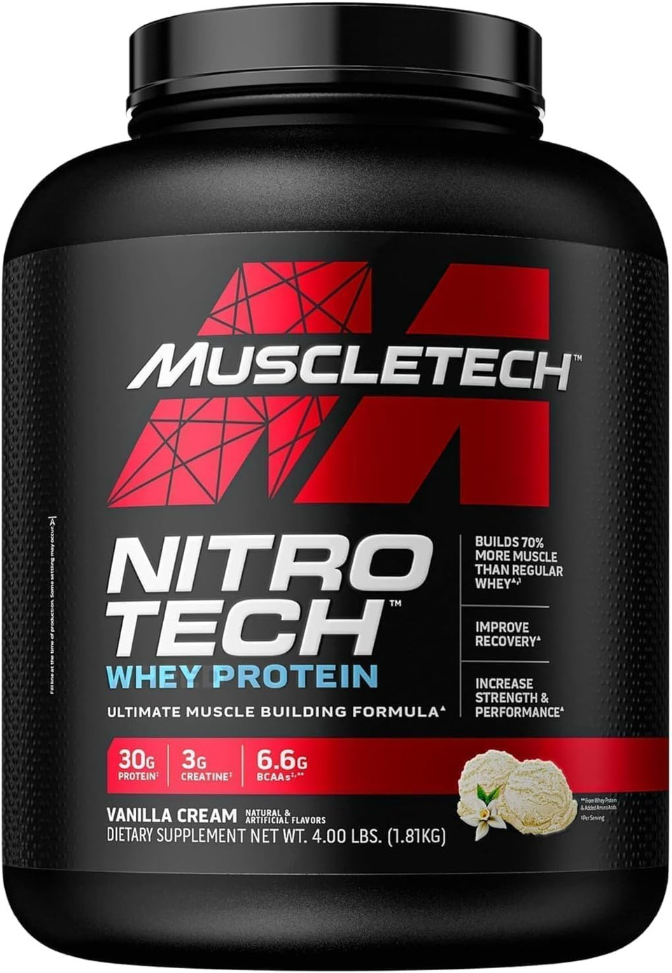 Muscletech Whey Protein Powder | Muscletech Nitro-Tech | Isolate & Peptides | Protein + Creatine For Muscle Gain | Muscle Builder For Men & Women | Sports Nutrition | Vanilla, 4 Lb (40 Servings)40 Servings (Pack Of 1)