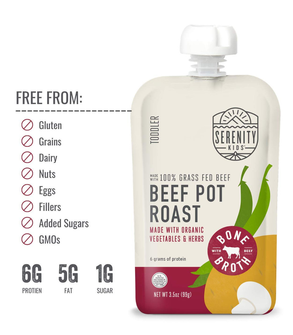 Serenity Kids Bone Broth Puree Made With Organic Veggies | Clean Label Project Purity Award Certified | 3.5 Ounce Bpa-Free Pouch | Grass Fed Beef Pot Roast | 6 Count
