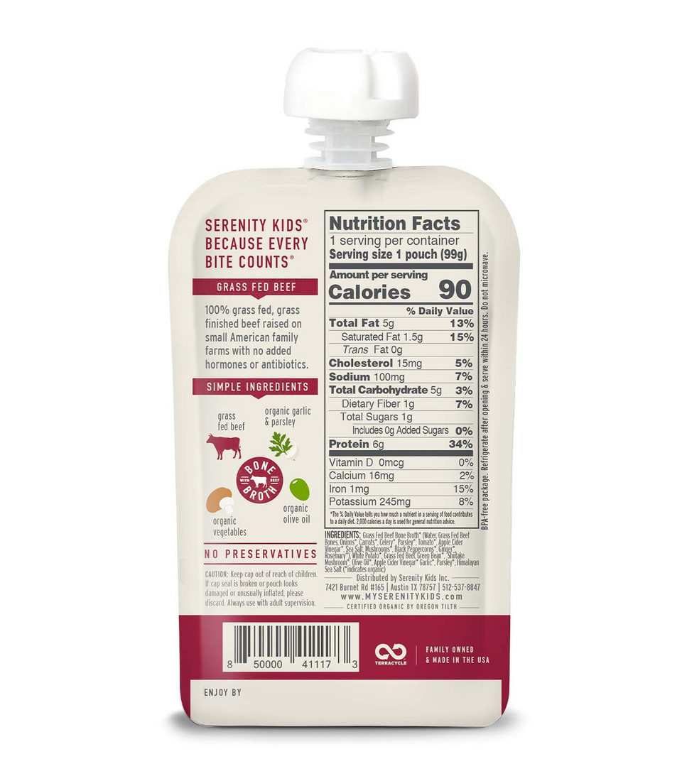Serenity Kids Bone Broth Puree Made With Organic Veggies | Clean Label Project Purity Award Certified | 3.5 Ounce Bpa-Free Pouch | Grass Fed Beef Pot Roast | 6 Count