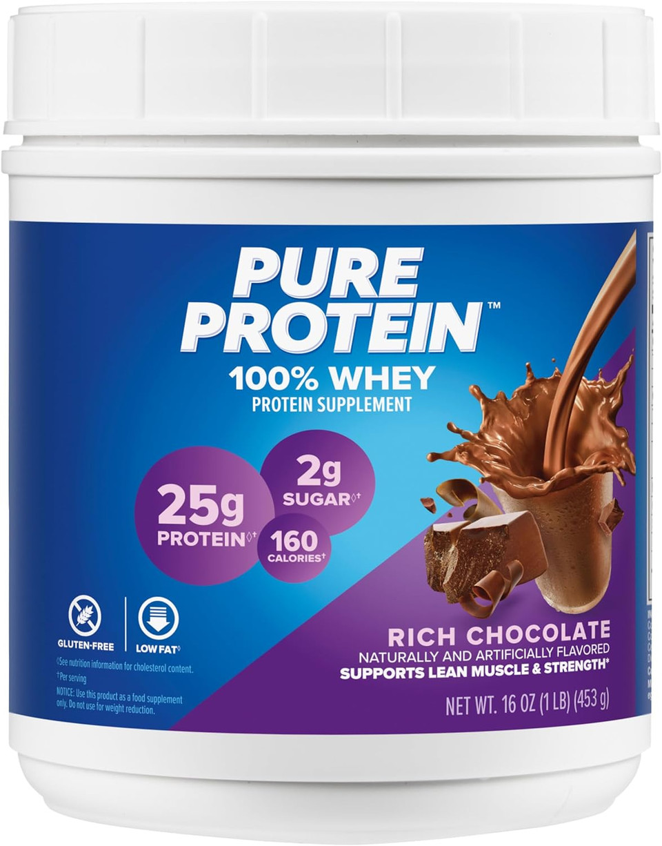 Pure Protein Powder, Whey, High Protein, Low Sugar, Gluten Free, Rich Chocolate, 1 lb (Packaging may vary)