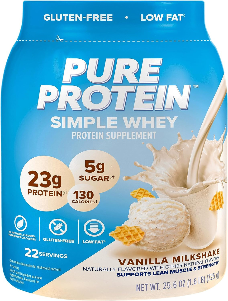Pure Protein Simple Whey Powder, High Protein, Low Sugar, Gluten Free, French Vanilla, 1.6 Lbs