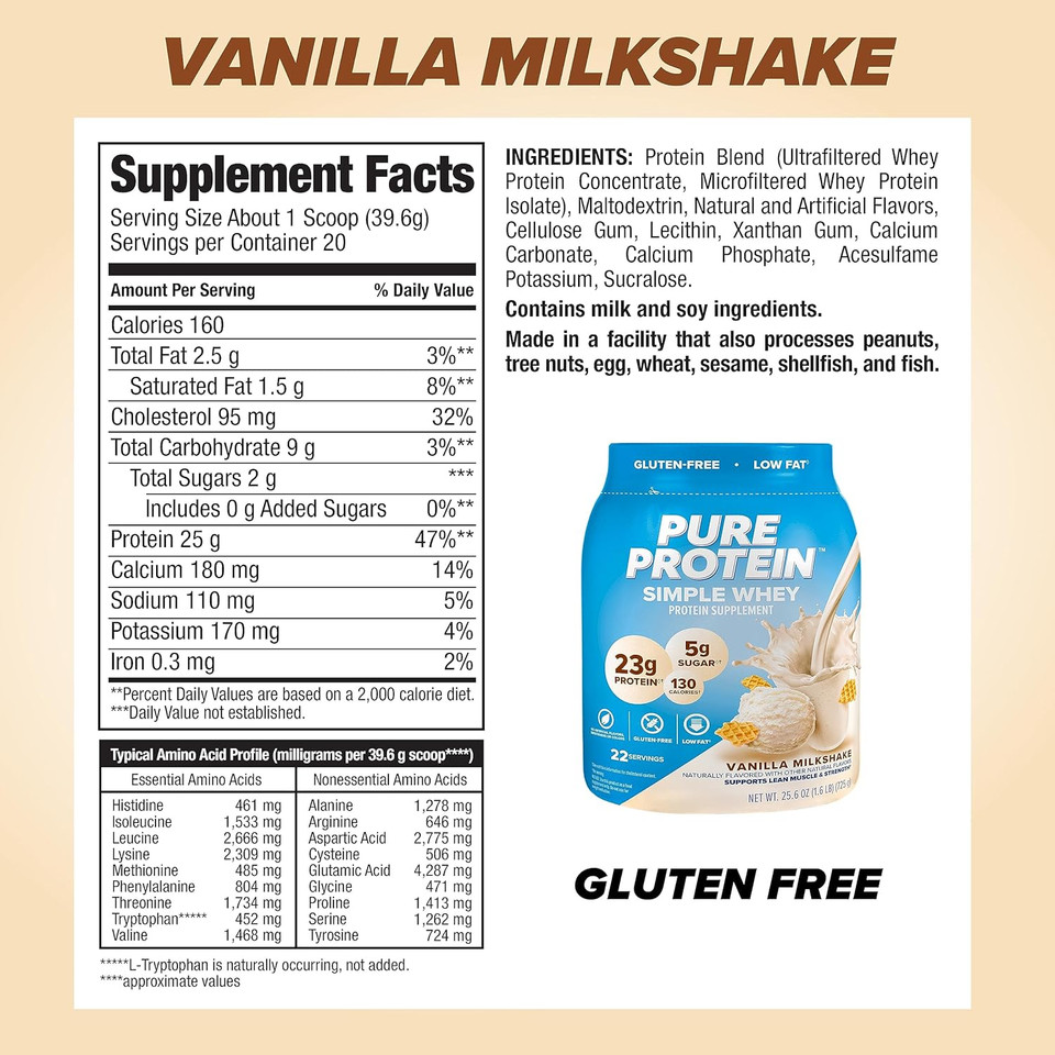 Pure Protein Simple Whey Powder, High Protein, Low Sugar, Gluten Free, French Vanilla, 1.6 Lbs