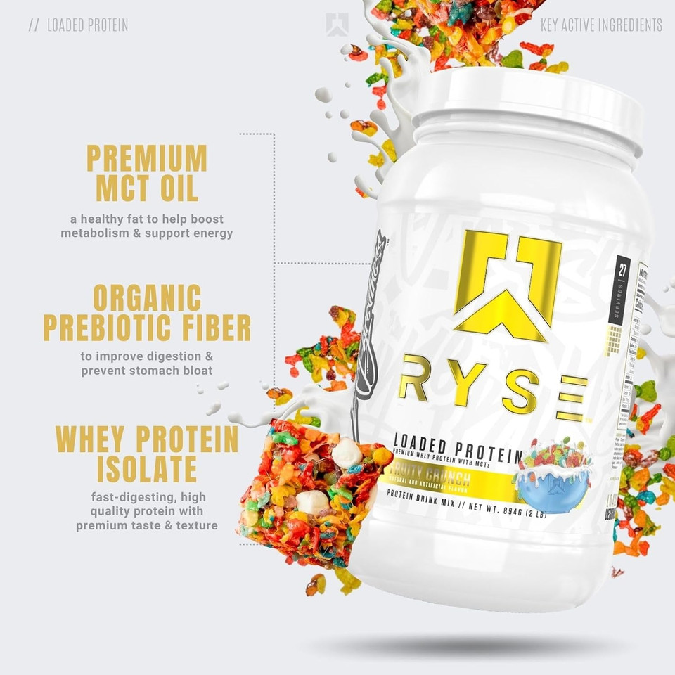 Ryse Loaded Protein Powder | 25G Whey Protein Isolate & Concentrate | With Prebiotic Fiber & Mcts | Low Carbs & Low Sugar | 27 Servings (Fruity Crunch)27 Servings (Pack Of 1)