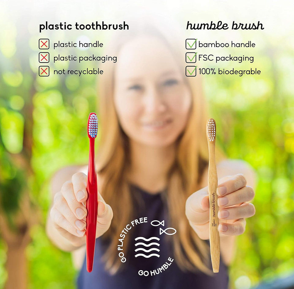 The Humble Co. Bamboo Toothbrush & 3 Toothbrush Heads Vegan and Eco Friendly Toothbrushes for Sustainable Zero Waste Oral Care, BPA Free Soft Bristle Toothbrush (Blue)Blue