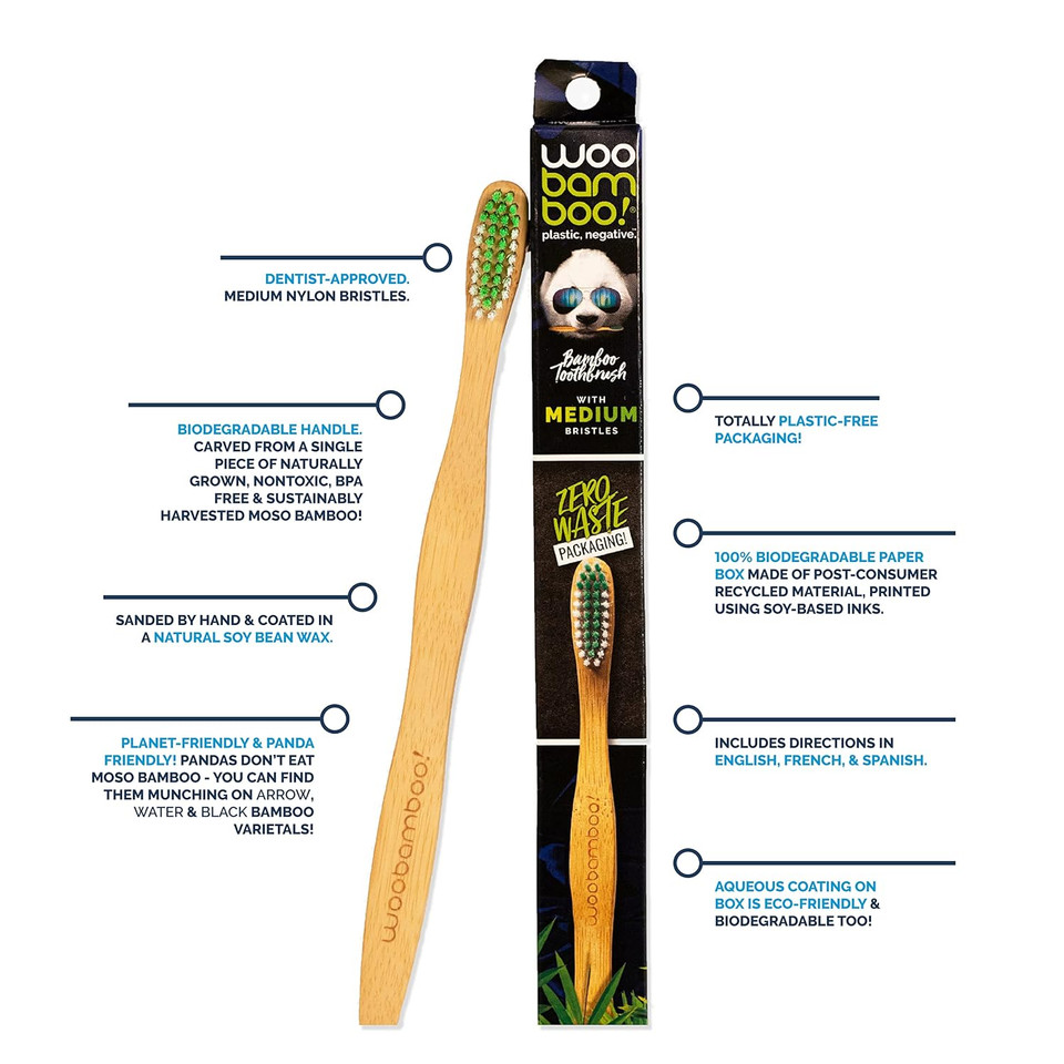 Woobamboo Bamboo Toothbrush 4 Pack - Adult - Medium Bpa Free Nylon Bristles - Eco-Friendly, Biodegradable, Compostable, Vegan