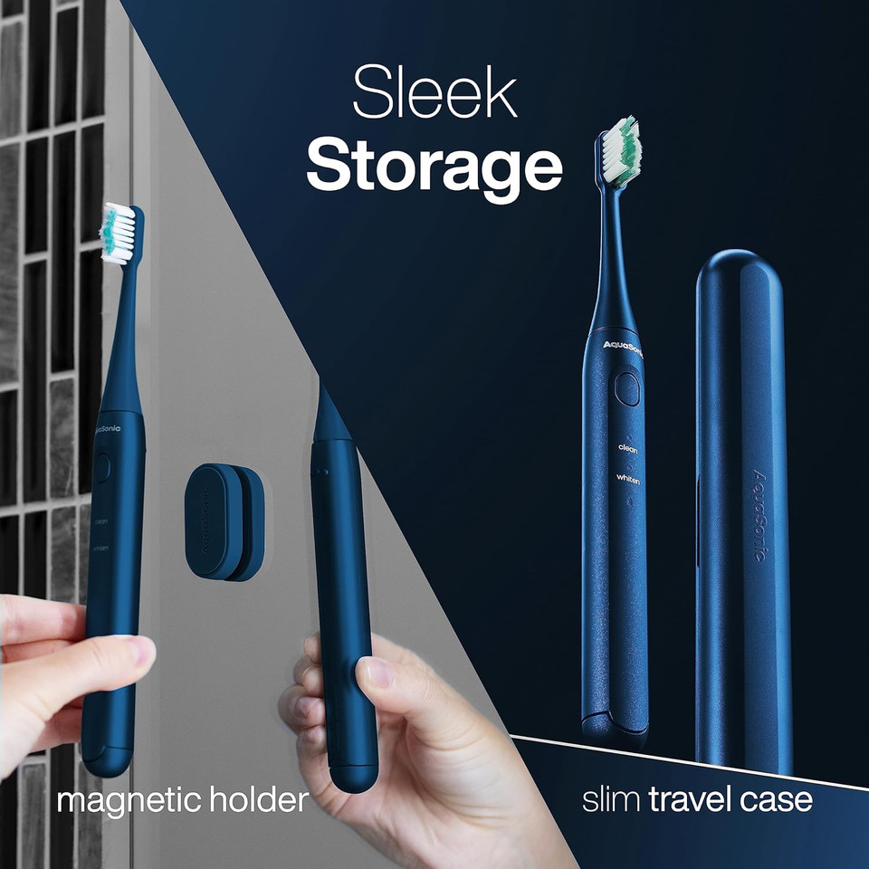 Aquasonic Icon Ada-Accepted Rechargeable Toothbrush | Magnetic Holder & Slim Travel Case | 2 Brushing Modes & Smart Timers | Modern & Convenient (Navy)Navy