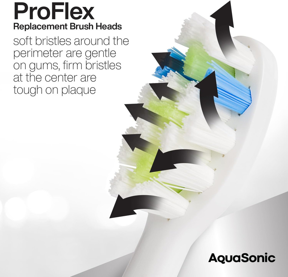 Aquasonic Proflex Replacement Brush Heads | For Whiter Teeth & Gum Care | Compatible With Many Aquasonic Toothbrush Handles (3 Pack White)3 Pack White