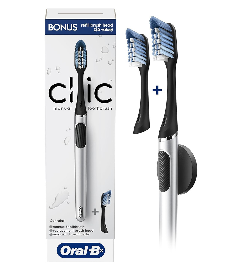 Oral-B Clic Toothbrush, Chrome Black, With 1 Bonus Replacement Brush Head And Magnetic Toothbrush Holderchrome Black