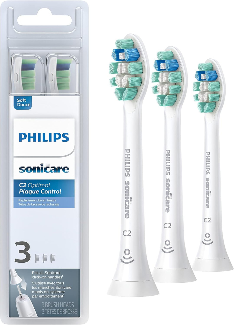 Philips Sonicare Genuine C2 Optimal Plaque Control Toothbrush Heads, 3 Brush Heads, White, Hx9023/65