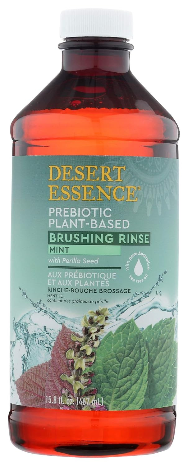 Desert Essence Prebiotic Plant-Based Brushing Rinse Mint 15.8 Fl Oz  Alcohol Free, No Sls, Gluten-Free, Vegan, Cruelty Free - Healthy Oral Microbiome - Tea Tree Oil, Inulin & Chicory Root