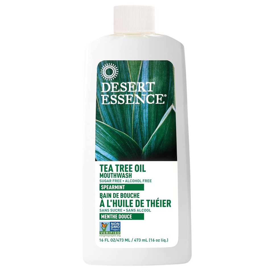 Desert Essence Tea Tree Oil Mouthwash, Spearmint, 16 Fl Oz - Alcohol Free, Sugar Free, Gluten Free, Vegan, Cruelty Free, Non-Gmo - Aloe, Vitamin C & Spearmint Essential Oil - Healthy Teeth & Gums