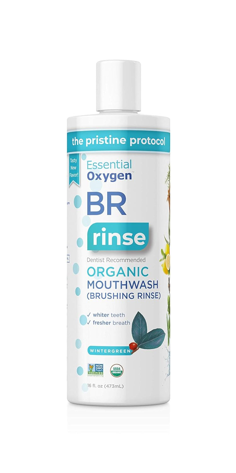 Essential Oxygen Certified BR Organic Brushing Rinse, All Natural Mouthwash for Whiter Teeth, Fresher Breath, and Happier Gums, Alcohol-Free Oral Care, Wintergreen, 16 Ounce16 Ounce (Pack of 1)