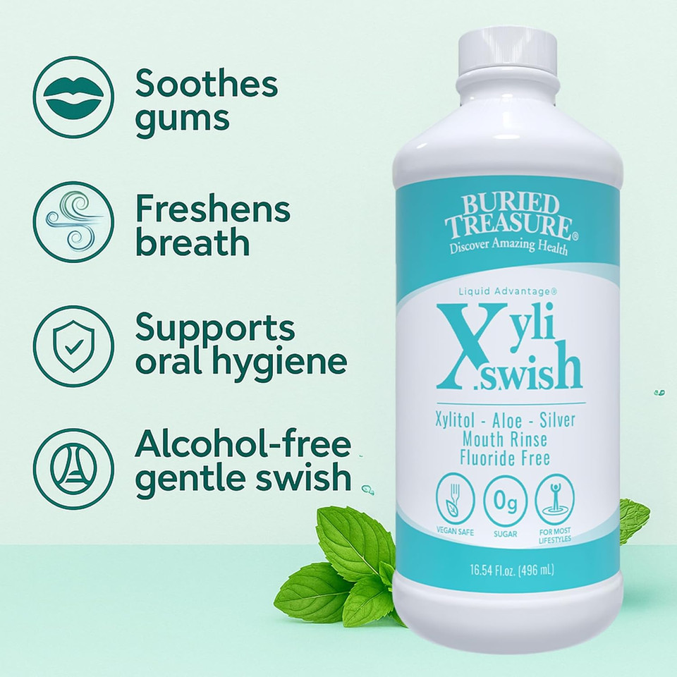 Xyli Swish - All Natural Formulated Nano Silver, Xylitol & Aloe Mouthwash - Alcohol And Fluoride Free - Oral Rinse To Fight Bad Breath & Dry Mouth - Peppermint Flavor - 16Oz