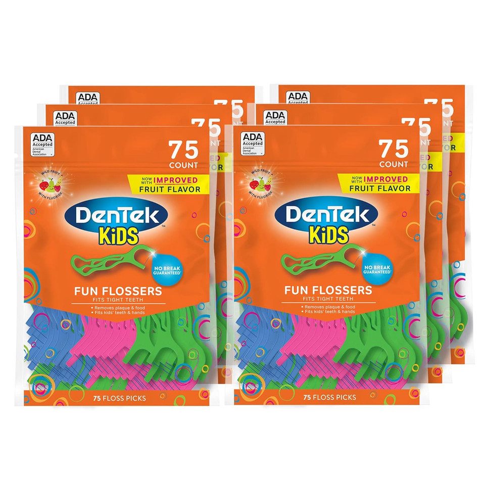 Dentek Kids Fun Flossers, Removes Food & Plaque, Wild Fruit Flavored Floss Picks, 75 Count, 6 Pack75 Count (Pack Of 6)