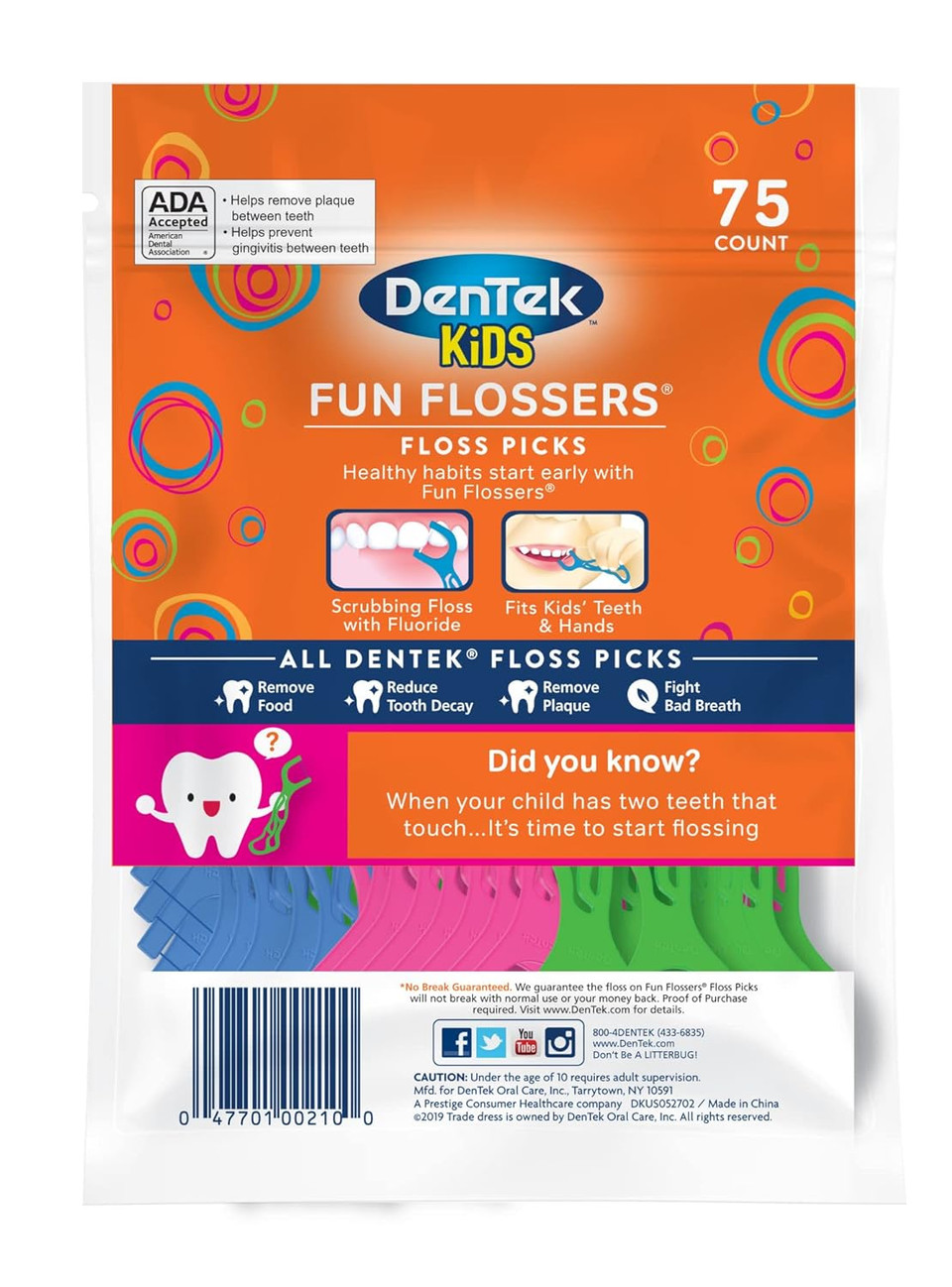 Dentek Kids Fun Flossers, Removes Food & Plaque, Wild Fruit Flavored Floss Picks, 75 Count, 6 Pack75 Count (Pack Of 6)