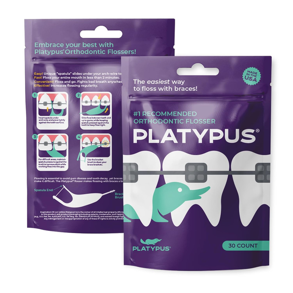 Platypus Orthodontic Flossers For Braces Unique Structure Fits Under Arch Wire, Floss Entire Mouth In Less Than Two Minutes, Increases Flossing Compliance - 30 Count Bag (Pack Of 4)
