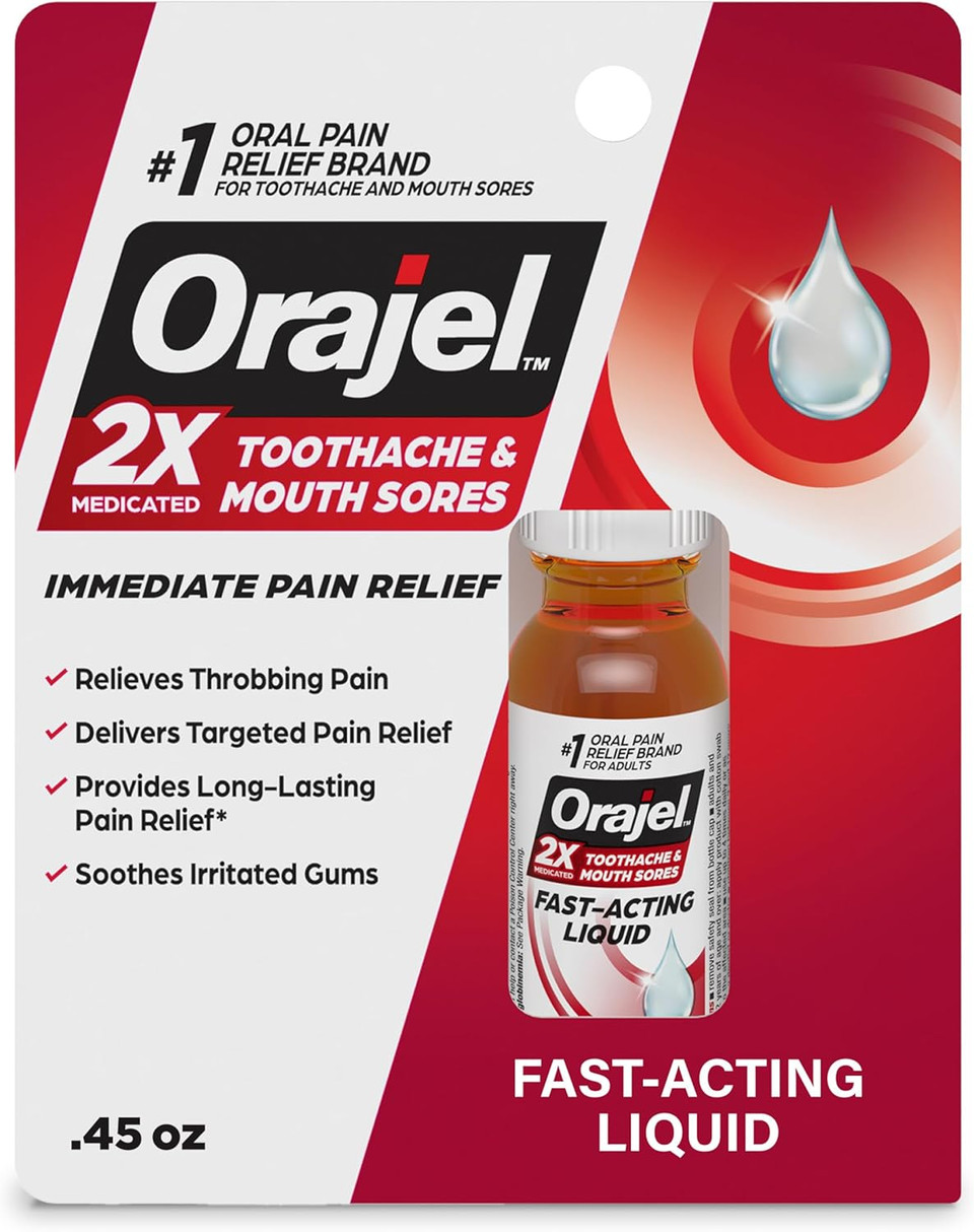 Orajel 2X Medicated Toothache & Mouth Sores Liquid, 0.45 Fl Oz
