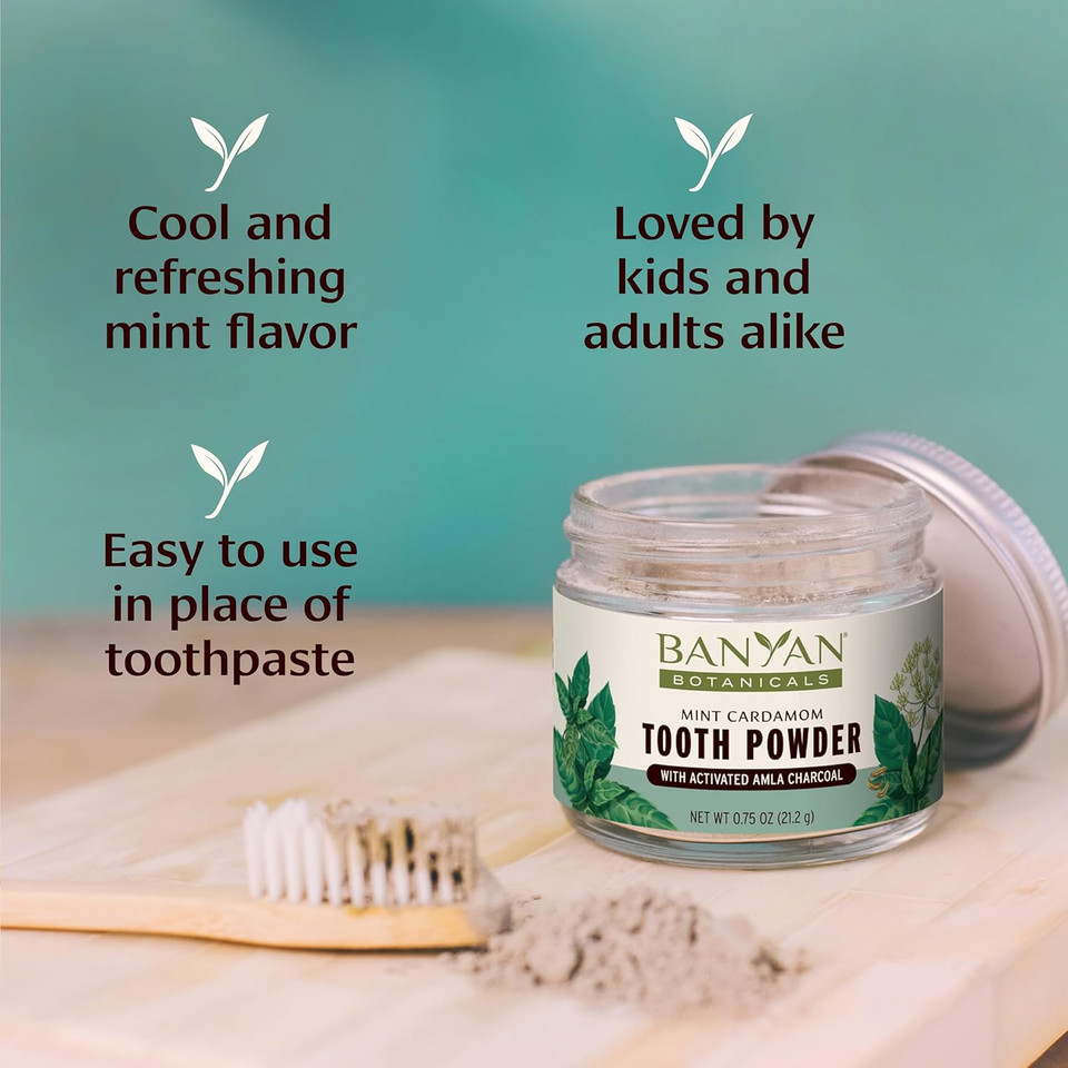 Banyan Botanicals Mint Cardamom Tooth Powder  Ayurvedic Fluoride-Free Toothpaste Alternative With Miswak & Activated Charcoal (From Amla)  0.75Oz, 80+ Uses  Non Gmo Sustainably Sourced Vegan