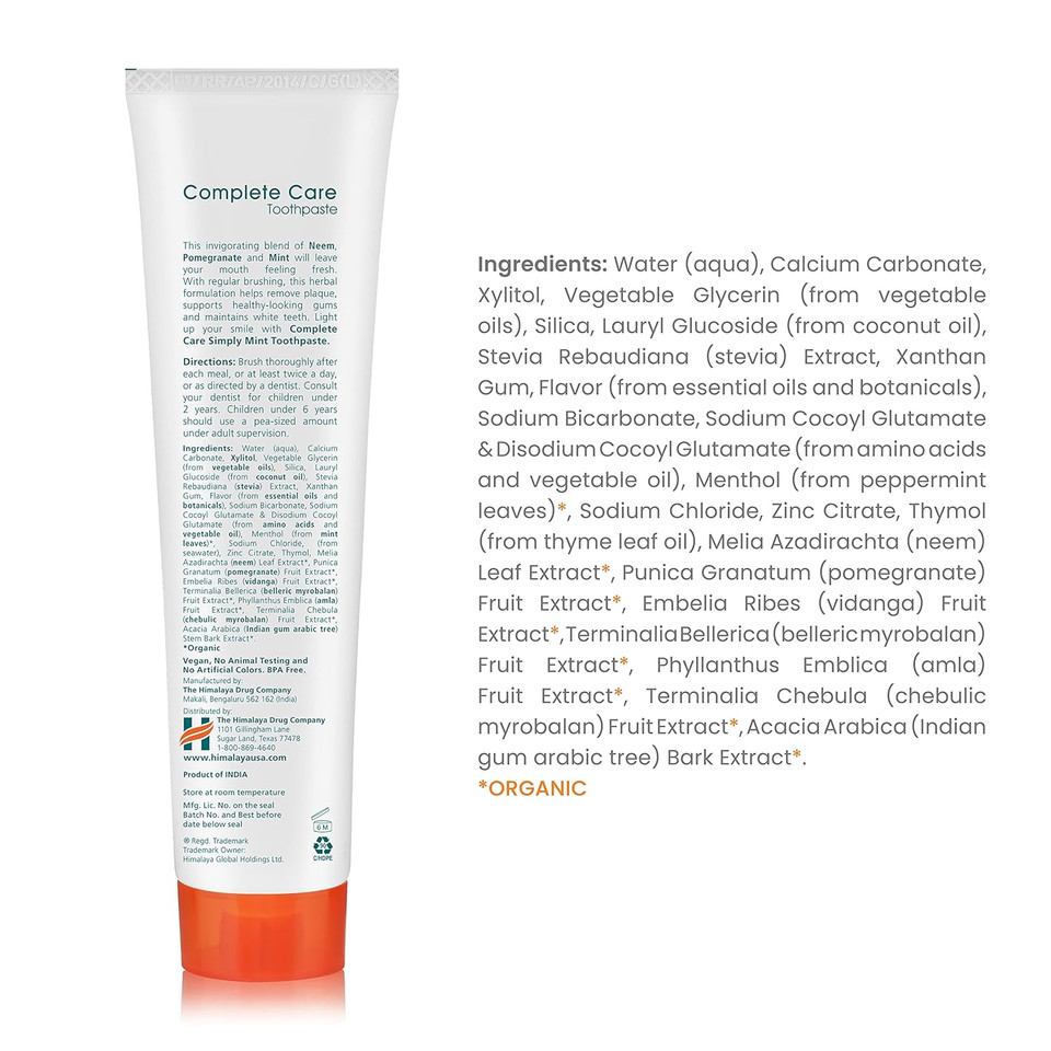 Himalaya Botanique Complete Care Toothpaste, Herbal, Mint Flavor, Fights Plaque, Freshens Breath, Fluoride Free, No Artificial Flavors, Sls Free, Cruelty Free, Foaming, 5.29 Oz, 4 Pack