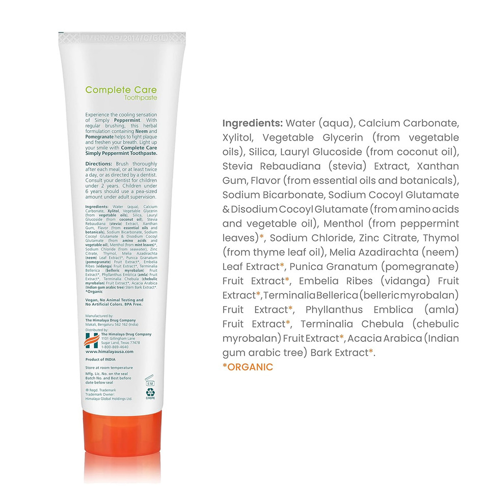 Himalaya Botanique Complete Care Toothpaste, Herbal, Peppermint Flavor, Fights Plaque, Freshens Breath, Fluoride Free, No Artificial Flavors, Sls Free, Cruelty Free, Foaming, 5.29 Oz, 4 Pack5.29 Ounce (Pack Of 4)