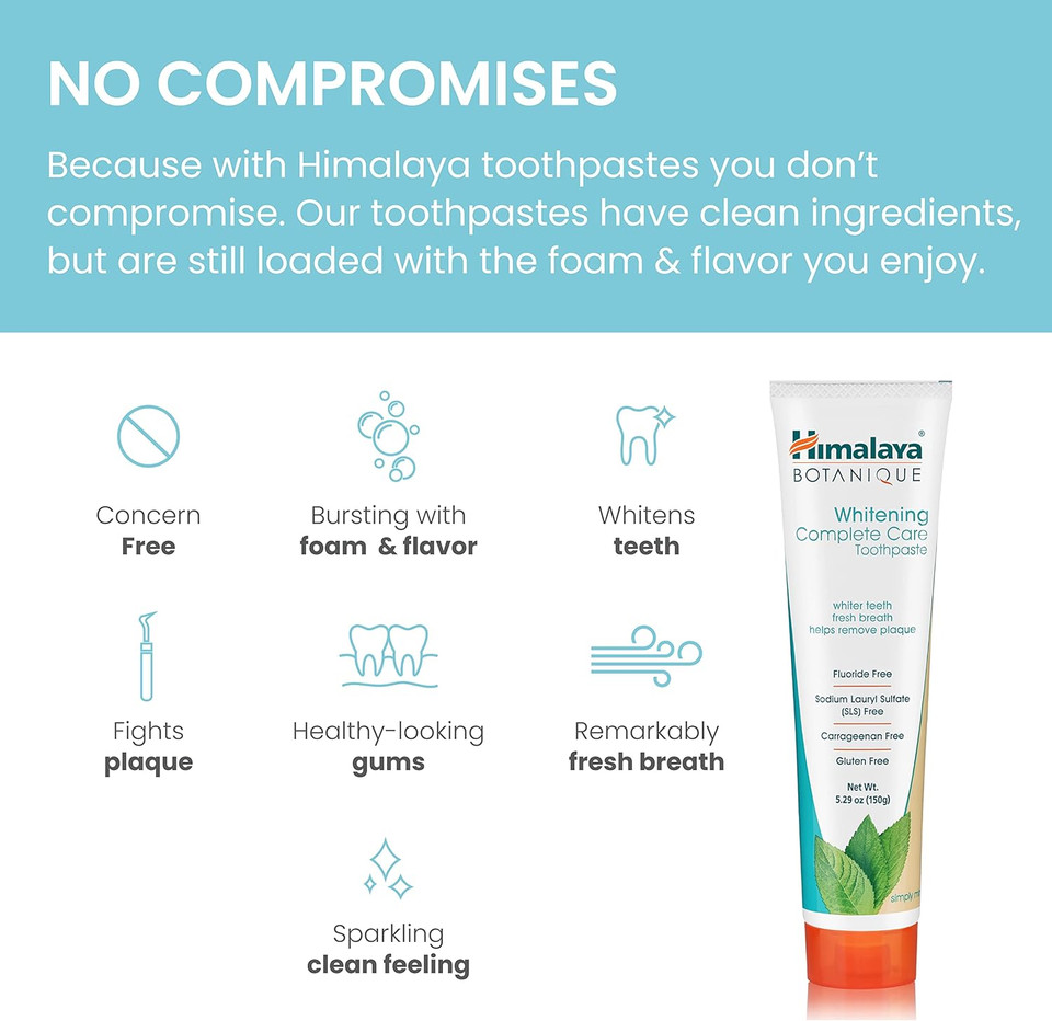 Himalaya Botanique Whitening Complete Care Toothpaste, 10 Pack Travel Size, Teeth Whitening, Fights Plaque, Fluoride Free, No Artificial Flavors, Sls Free, Simply Mint Flavor, Tsa Approved, 0.74 Oz