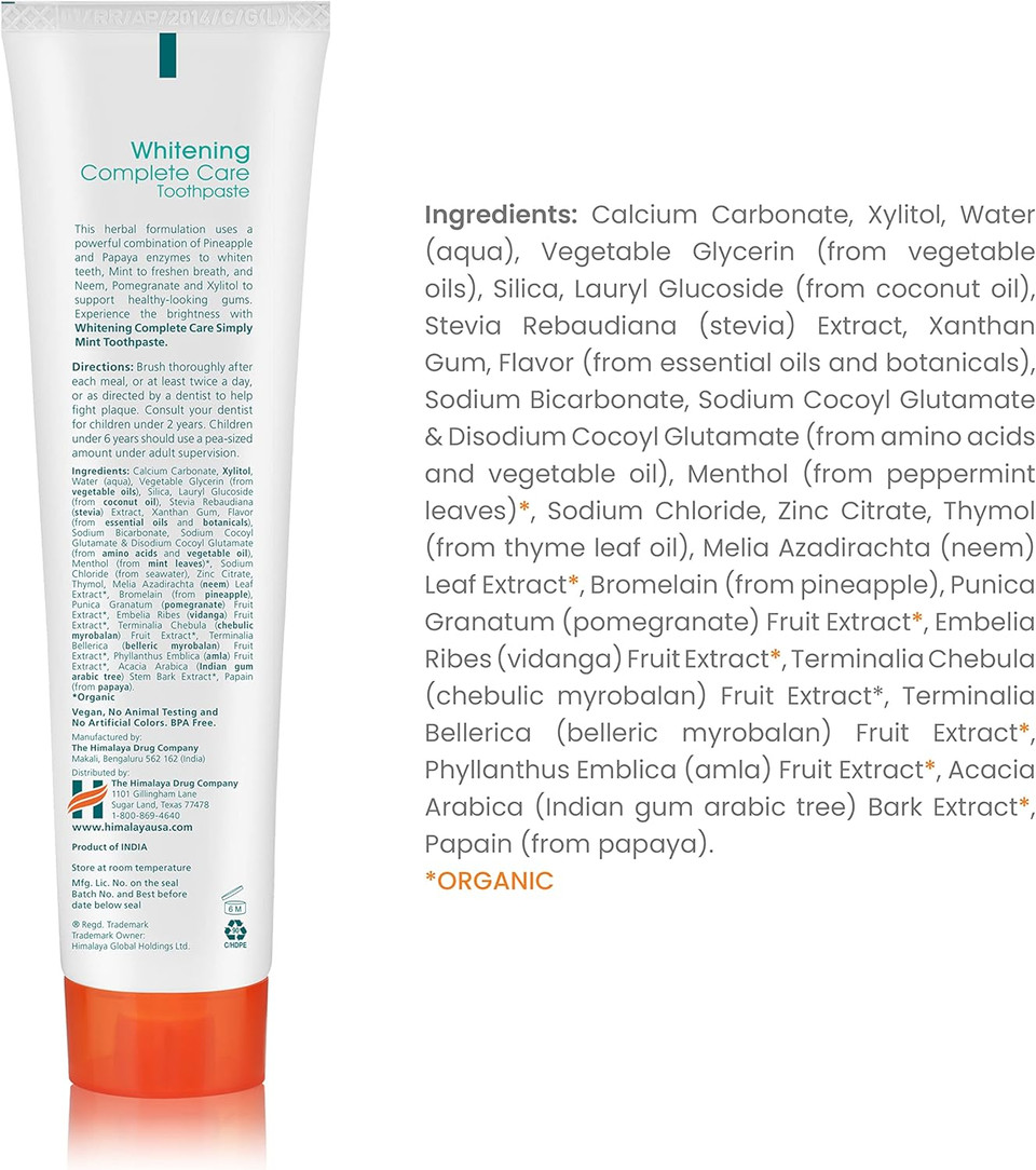 Himalaya Botanique Whitening Complete Care Toothpaste, Teeth Whitening, Fights Plaque, Fluoride Free, No Artificial Flavors, Sls Free, Cruelty Free, Foaming, Simply Mint Flavor, 5.29 Oz, 4 Pack