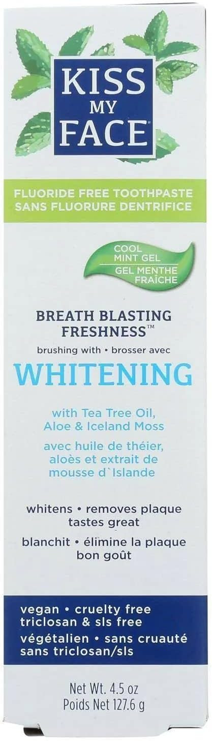 Kiss My Face Super White Cool Mint Gel Toothpaste, Sls And Fluoride Free, Removes Plaque And Prevents Tartar, With Added Tea Tree Oil, Aloe And Iceland Moss, 4.5 Oz4.5 Ounce (Pack Of 1)