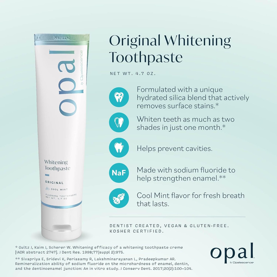Opal By Opalescence Teeth Whitening Toothpaste (Pack Of 12) - Cool Mint Original Formula - Oral Care, Gluten-Free - 4.7 Ounce Made By Ultradent.- Opal-Tp-5760-124.70 Fl Oz (Pack Of 12)