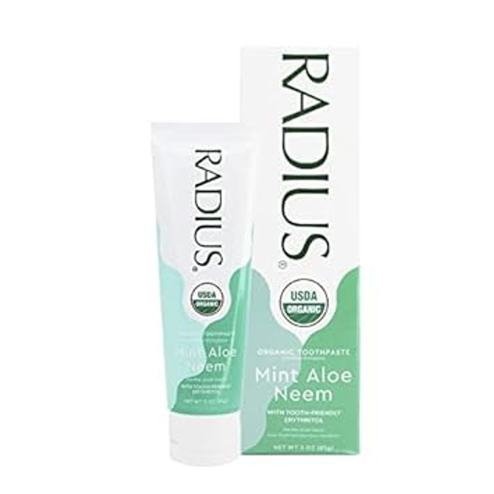 Radius Usda Organic Toothpaste Travel Trial Size 0.8 Oz Non Toxic Chemical-Free Gluten-Free Designed To Improve Gum Health & Prevent Cavity - Mint Aloe Neem - Pack Of 3