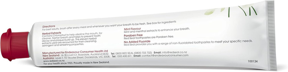 Red Seal Herbal Toothpaste  With No Fluoride, Parabens, Artificial Sweeteners Or Colors  A Herbal Based Toothpaste Enhanced With Chlorophyll Suitable For Whole Family 3.88Oz