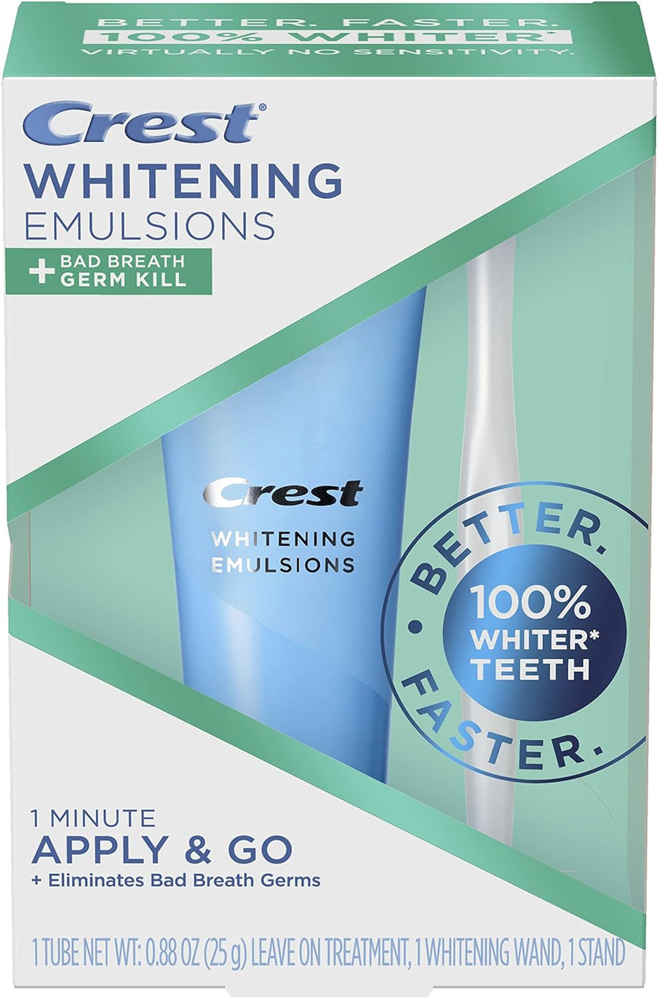 Crest Whitening Emulsions + Bad Breath Germ Kill Leave-On Teeth Whitening Gel Kit With Wand Applicator And Stand, Apply & Go, 0.88Oz
