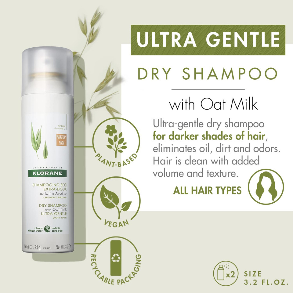 Klorane Dry Shampoo With Oat Milk, For Dark Hair, Natural Tint, All Hair Types, Paraben & Sulfate-Free3.2 Fl Oz (Pack Of 2)