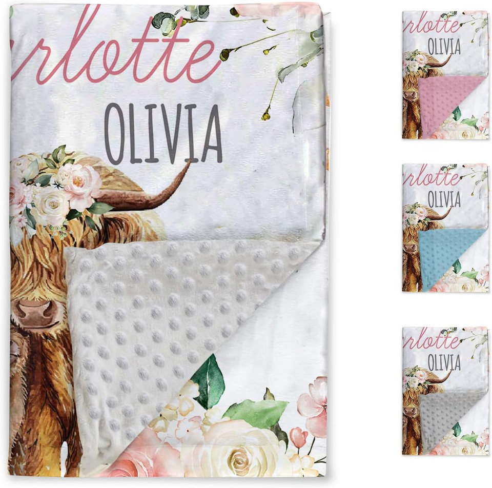 Personalized Baby Blanket For Girls, Custom Baby Blanket With Name, Soft Flannel With Double Layer Dotted Backing, Receiving Swaddle Blanket Suitable For Toddler, Natural Floral Highland Cow(47X60)Highland Cow347X60"