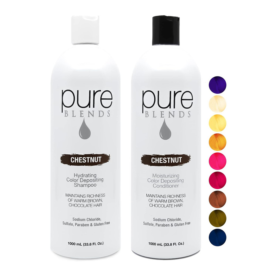Pure Blends Chestnut Color Depositing Shampoo & Conditioner 33.8 Oz. Brightens And Tones Color Faded Hair Prevent Color Fade & Extend Color Service On Color Treated Hair Semi Permanent Hair Dye
