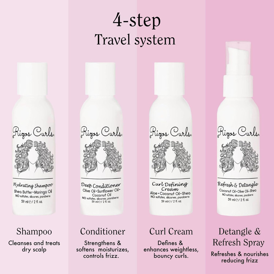 Rizos Curls 4-Step Travel Kit For Curly Hair: Curl Defining Cream, Shampoo, Conditioner, Refresh & Detangle (2 Fl Oz Each)